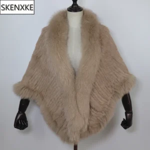 Women 100% Real Rabbit Fur Shawl Scarf With Fox Fur Collar Winter Warm Knitted Rabbit Fur Poncho Girls Party Fashion Accessories